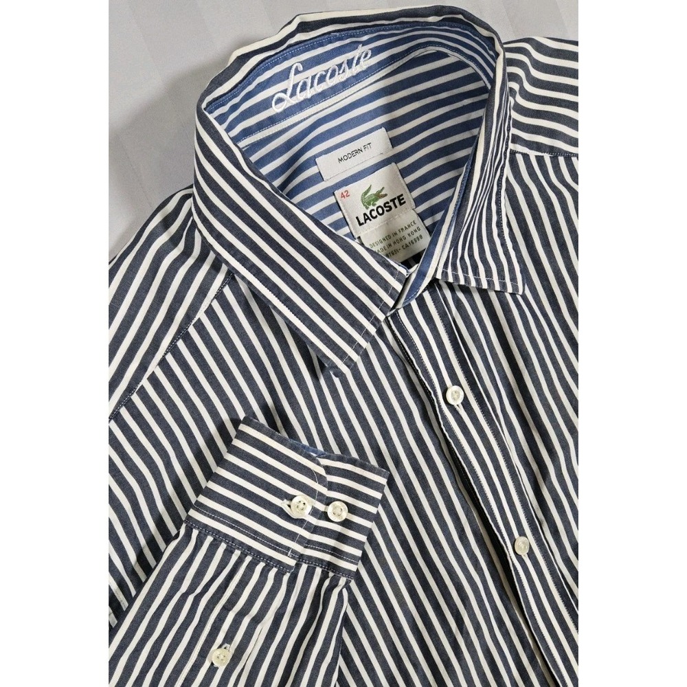 Lacoste Mens Size 42 Modern Fit Button Up Blue Striped Long Sleeve Shirt 0025